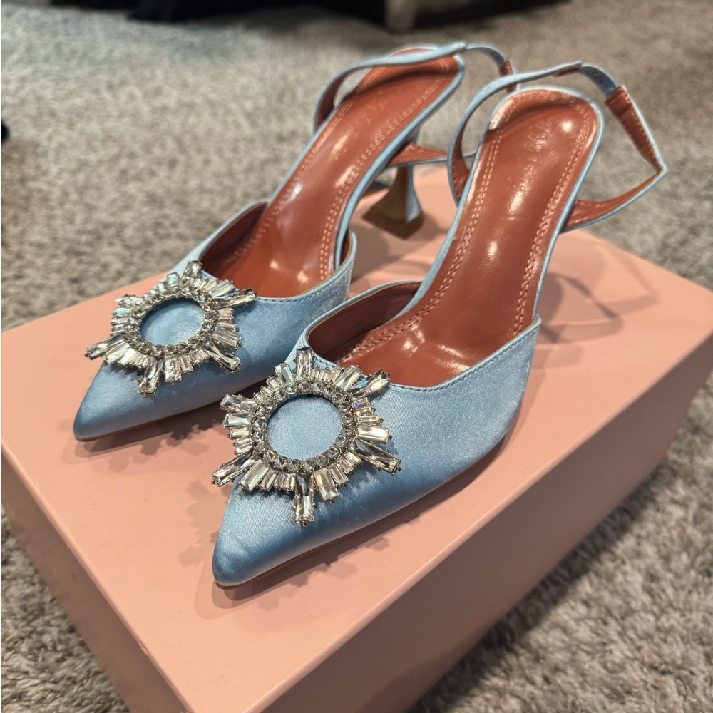 Baby blue satin point toe with rhinestone sling back
